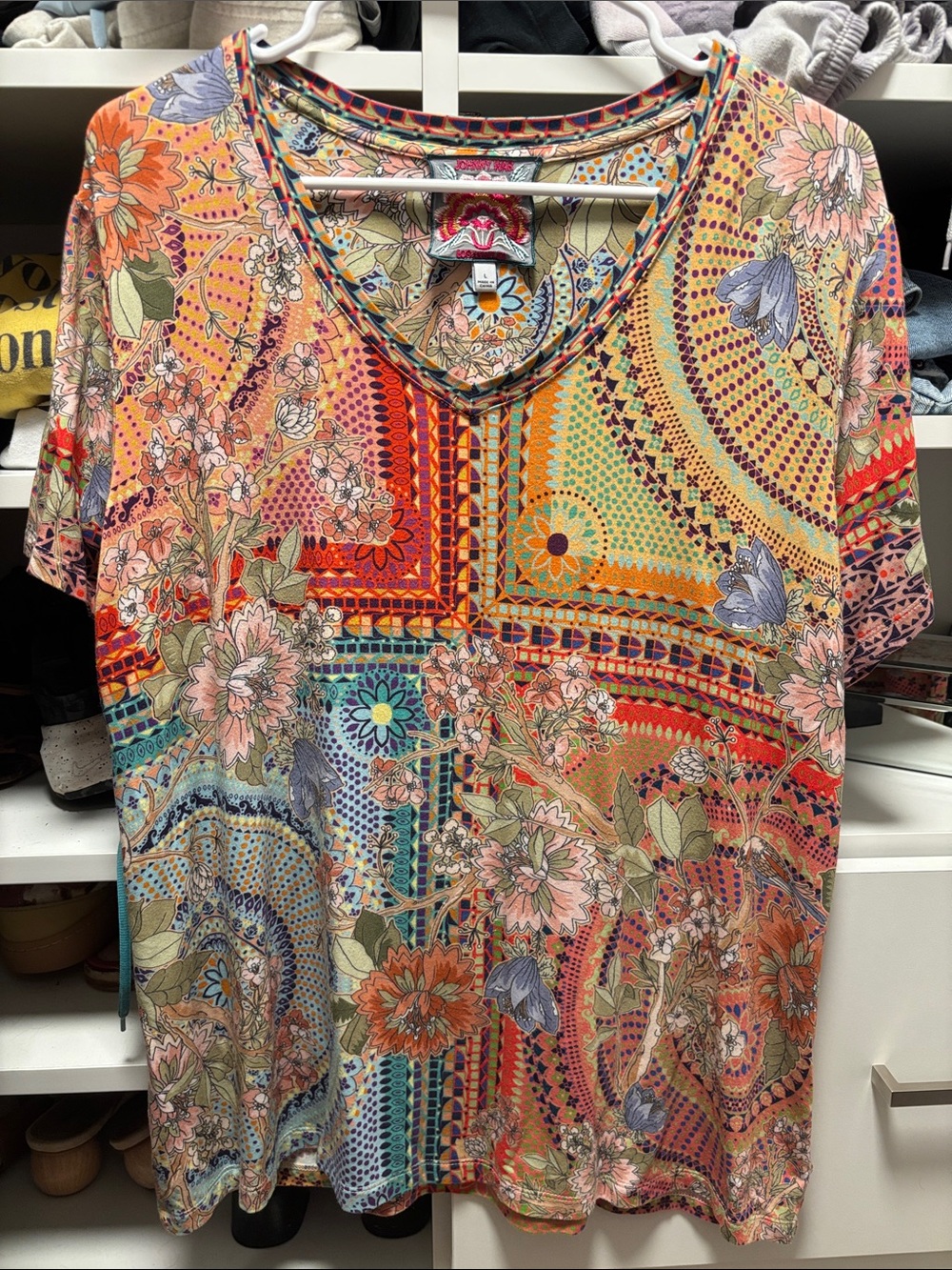 Johnny Was Multicolor Floral Patchwork V-Neck Tee